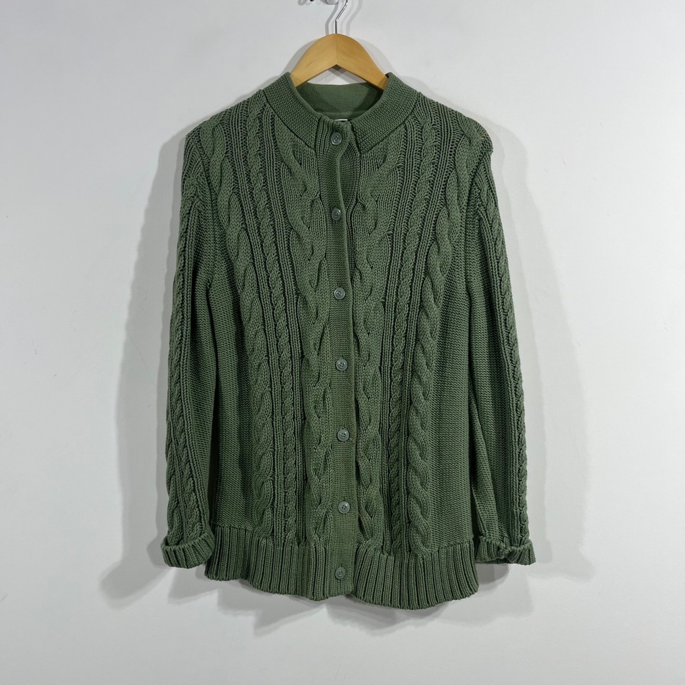 LL Bean VTG Heritage Fisherman Cotton Cable Knit Cardigan Green Old Money Large